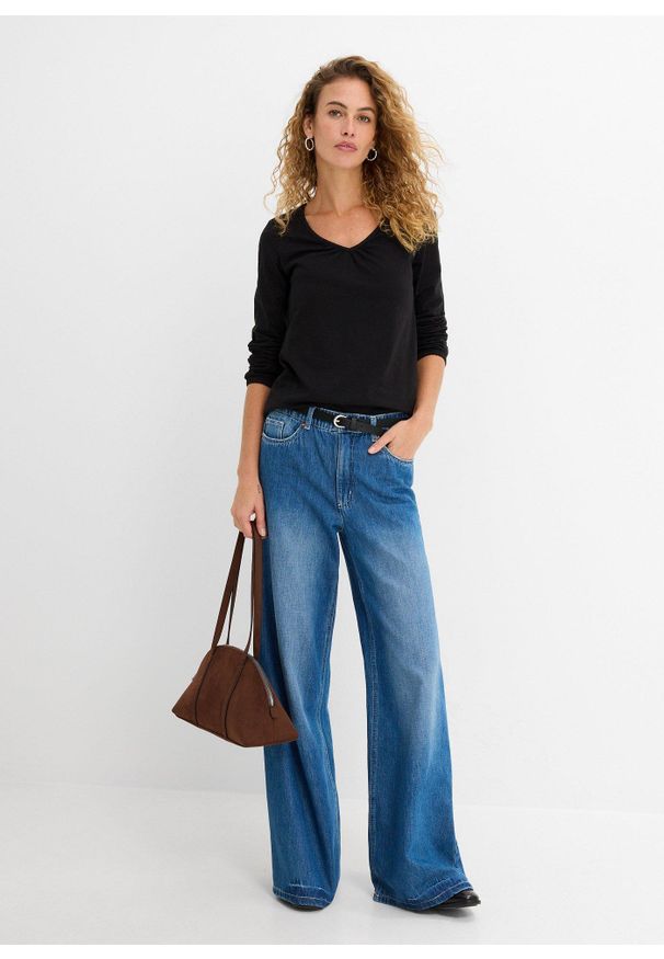 bonprix - Bluzka bawełniana z czystej bawełny z długim rękawem i gumką. Typ kołnierza: dekolt w serek. Kolor: czarny. Materiał: bawełna. Długość rękawa: długi rękaw. Długość: długie