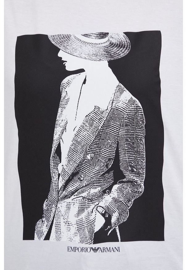 Emporio Armani T-shirt bawełniany kolor biały. Okazja: na co dzień. Kolor: biały. Materiał: bawełna. Wzór: nadruk. Styl: casual