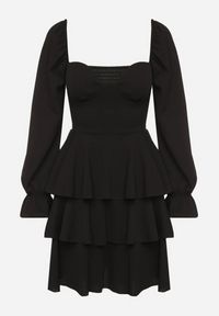 Born2be - Czarna Rozkloszowana Sukienka z Falbankami i Bufiastymi Rękawami Semithara. Okazja: na co dzień. Typ kołnierza: kołnierz z falbankami. Kolor: czarny. Wzór: aplikacja. Styl: klasyczny, casual, elegancki #7