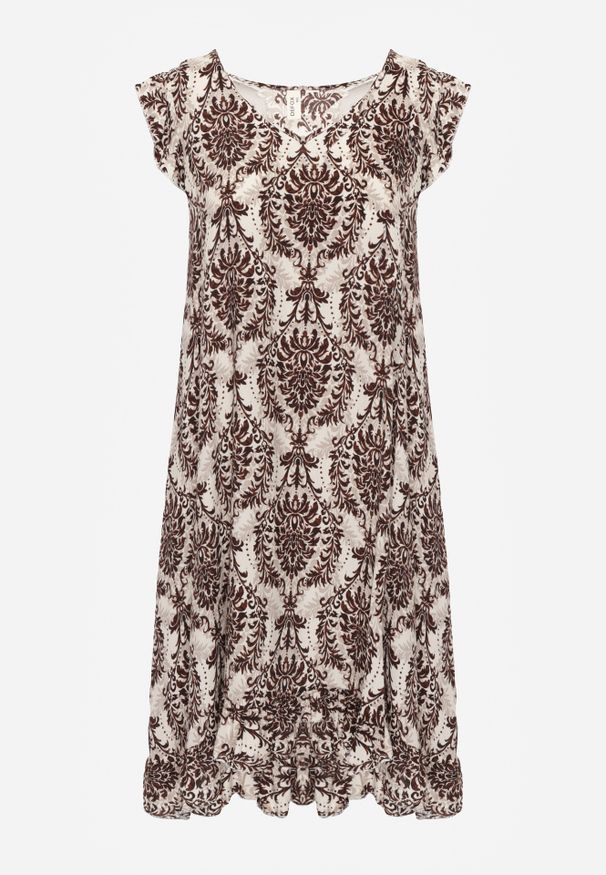 Renee - Brązowo-Beżowa Boho Sukienka z Bawełny na Ramiączkach Ozdobiona Falbanką Testalaya. Okazja: na co dzień, na spacer. Typ kołnierza: dekolt w serek. Kolor: brązowy. Materiał: bawełna. Długość rękawa: na ramiączkach. Wzór: aplikacja. Sezon: lato. Styl: boho