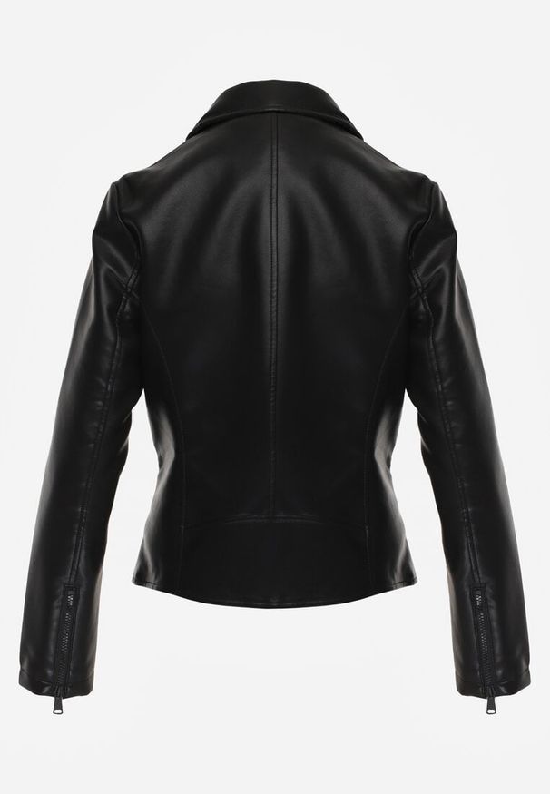 Renee - Czarna Taliowana Kurtka Ramoneska z Suwakami na Mankietach Leanelora. Kolor: czarny. Materiał: poliester, skóra, koronka