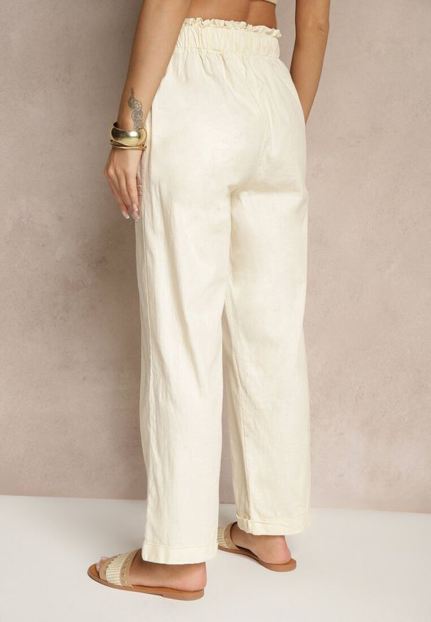 Renee - Jasnobeżowe Spodnie z Bawełny High Waist z Wiązaniem Tyswia. Okazja: na co dzień. Stan: podwyższony. Kolor: beżowy. Materiał: bawełna. Styl: casual, elegancki