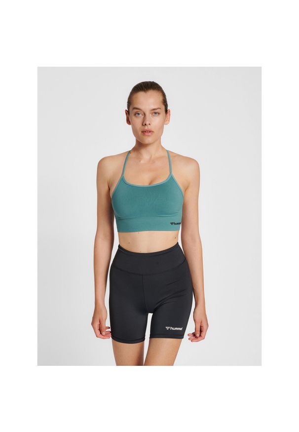 Damski bezszwowy biustonosz sportowy Hummel Tiffy. Kolor: niebieski, zielony, wielokolorowy. Sport: fitness