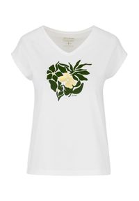 Ochnik - T-shirt damski kremowy z kwiatowym printem. Kolor: biały. Materiał: bawełna. Wzór: nadruk, kwiaty