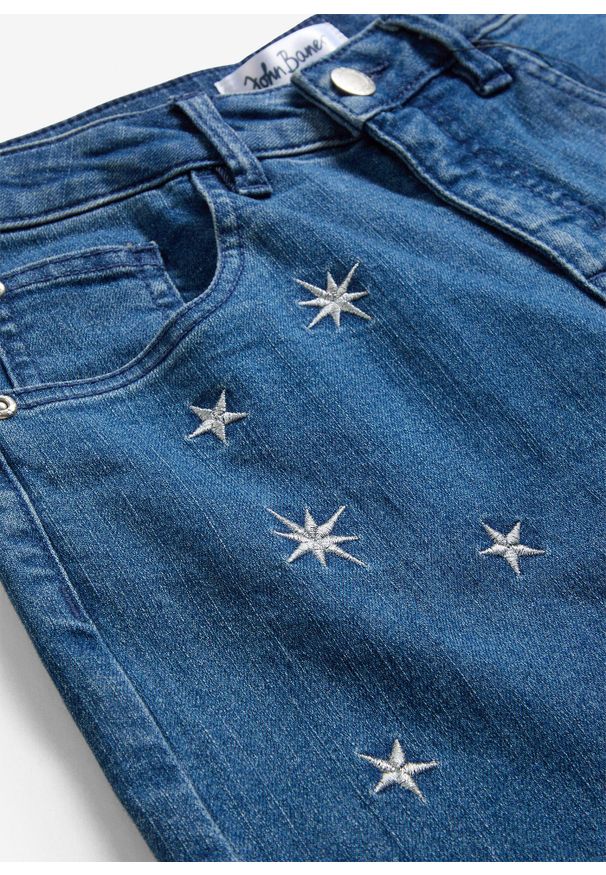 bonprix - Dżinsy z haftem, Wide Leg. Kolor: niebieski. Wzór: haft