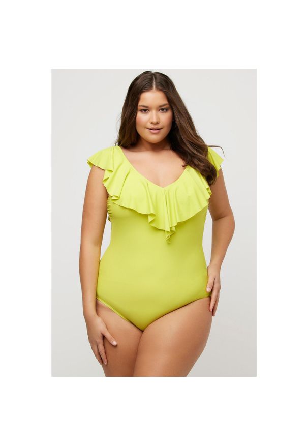 ULLA POPKEN - Damski Strój kąpielowy falbana dekolt w szpic miękkie miseczki. Kolekcja: plus size. Kolor: żółty. Materiał: poliamid, materiał, elastan