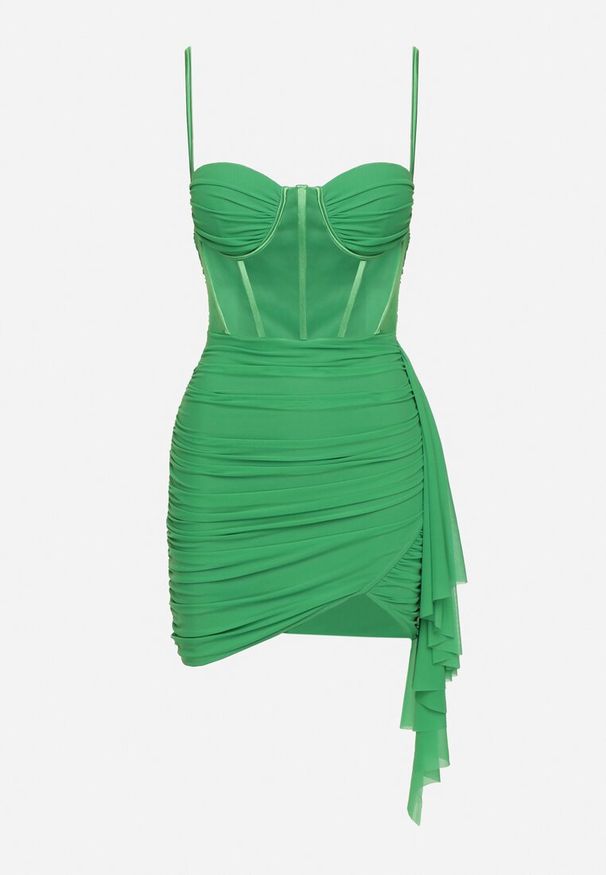 Born2be - Zielona Sukienka na Ramiączkach z Gorsetem i Falbankami Feliorta. Typ kołnierza: kołnierz z falbankami, dekolt gorset. Kolor: zielony. Długość rękawa: na ramiączkach. Typ sukienki: gorsetowe