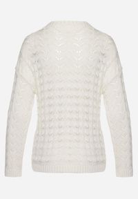 Born2be - Biały Ażurowy Sweter z Trójkątnym Dekoltem i Ściągaczami Isandre. Kolor: biały. Materiał: materiał. Wzór: ażurowy #5