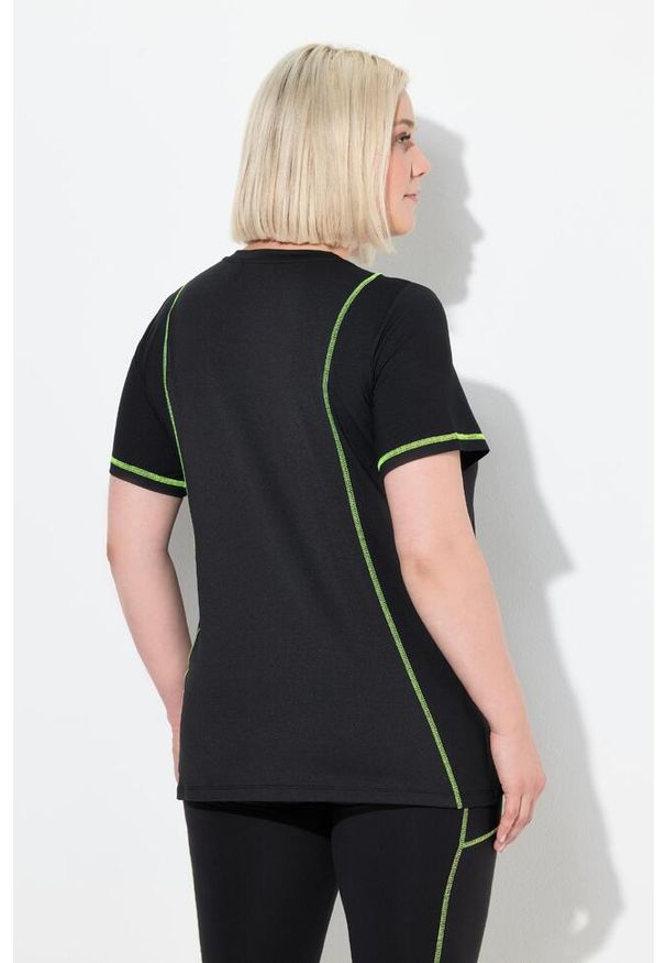 ULLA POPKEN - Damskie Bluzka funkcyjna odblask dekolt w szpic rękaw 1/2 z recyklingu. Kolekcja: plus size. Kolor: czarny. Materiał: poliester, materiał, elastan