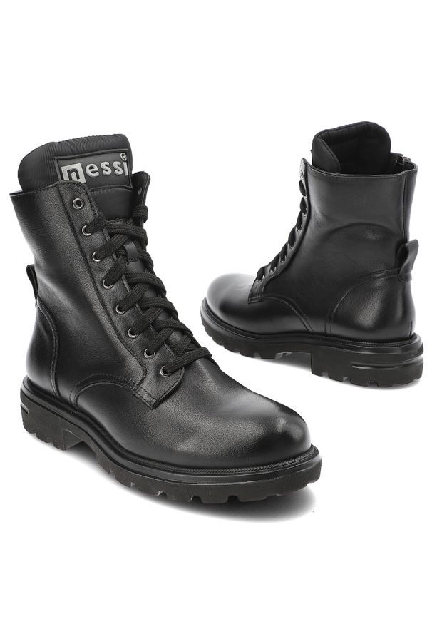 Czarne Botki Nessi Modne Obuwie Damskie. Okazja: na co dzień. Zapięcie: sznurówki. Kolor: czarny. Materiał: skóra. Styl: casual, elegancki