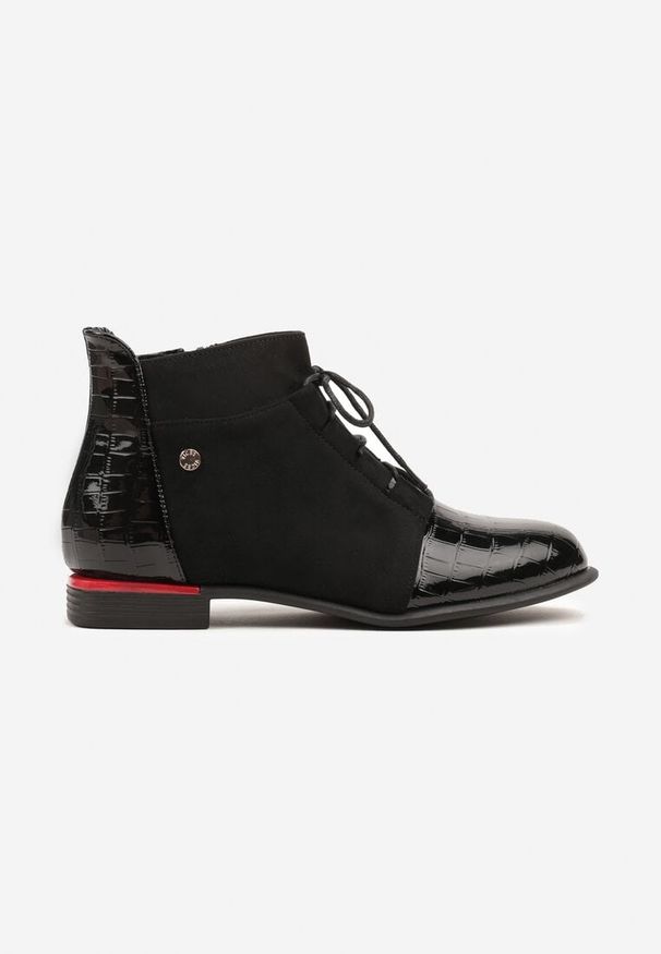 Born2be - Czarne Lakierowane Botki Vices w Stylu Sztybletów z Tłoczeniem Ozvila. Okazja: na co dzień. Zapięcie: zamek. Kolor: czarny. Materiał: lakier. Styl: casual, elegancki