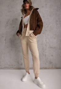 Renee - Beżowy Komplet Dresowy Spodnie Joggery i Bluza z Kapturem na Suwak Bernika. Kolor: beżowy. Materiał: dresówka. Wzór: gładki #3