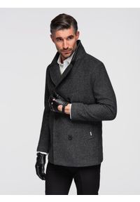 Ombre Clothing - Krótki dwurzędowy męski płaszcz z wełną – grafitowy V1 - Rozmiar: XXL. Okazja: na co dzień. Kolor: szary. Materiał: wełna. Długość: krótkie. Wzór: paski, ze splotem. Sezon: zima. Styl: casual, elegancki