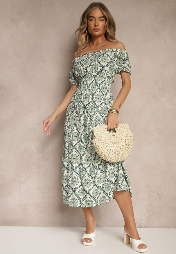 Renee - Zielona Sukienka z Bawełną Ozdobiona Bufiastymi Rękawami Revalle. Okazja: na imprezę, do pracy, na co dzień. Kolor: zielony. Materiał: bawełna. Wzór: aplikacja. Typ sukienki: proste. Styl: casual, klasyczny, elegancki