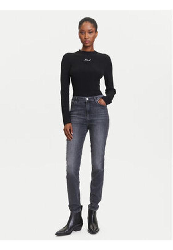 Karl Lagerfeld - KARL LAGERFELD Sweter A3W18025 Czarny Slim Fit. Typ kołnierza: dekolt w karo. Kolor: czarny. Materiał: wiskoza, syntetyk