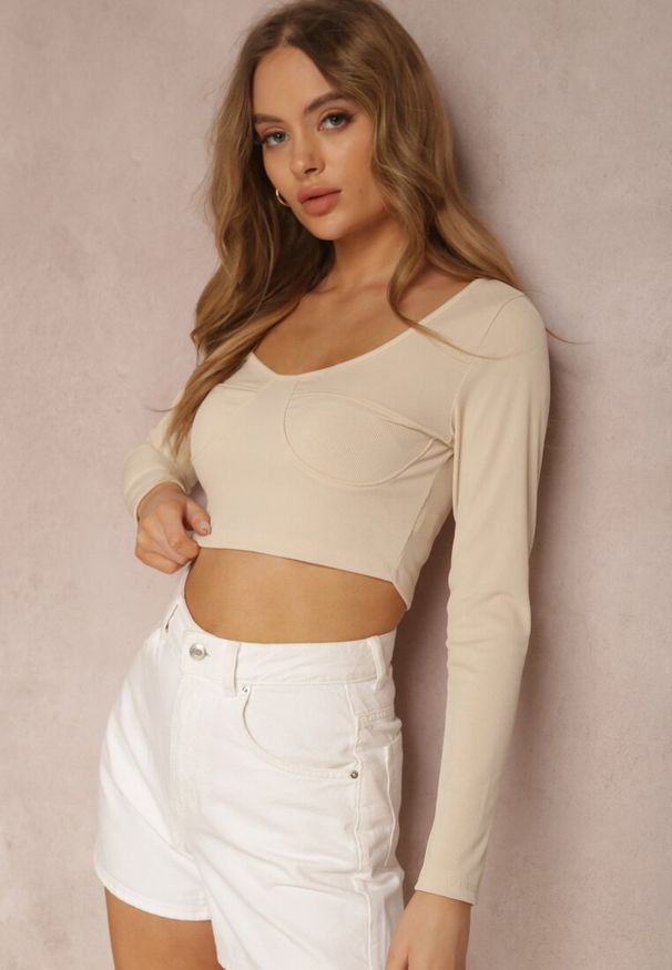 Renee - Beżowa Bluzka Fanodem. Kolor: beżowy. Materiał: dzianina, jeans. Długość: długie. Wzór: prążki. Styl: sportowy
