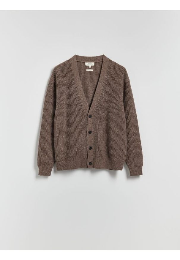 Reserved - Kardigan z wełną - brązowy. Kolor: brązowy. Materiał: wełna