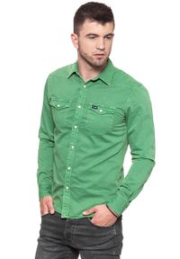 Wrangler - KOSZULA WRANGLER WESTERN SHIRT FAIRWAY GREEN W5965MV1Q. Materiał: jeans. Styl: elegancki