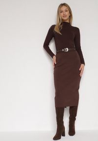 Born2be - Brązowa Ołówkowa Spódnica z Wiskozą Zdobiona Rozcięciem i Paskiem Rowedela. Okazja: na co dzień. Kolor: brązowy. Materiał: wiskoza. Wzór: aplikacja. Styl: casual, elegancki #3