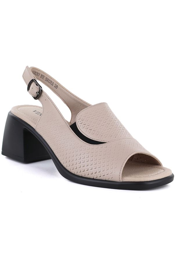 Skórzane sandały damskie na obcasie beżowe Vinceza 26-66920. Kolor: beżowy. Materiał: skóra. Obcas: na obcasie. Wysokość obcasa: średni