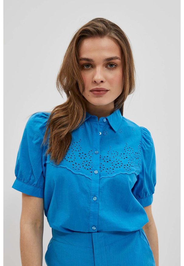 MOODO - Koszula z bufiastymi rękawami lazurowa. Kolor: niebieski. Materiał: bawełna