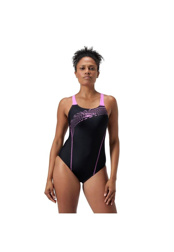 Damski kostium kąpielowy 1-częściowy Speedo Eco Medley Logo Medalist. Kolor: czarny, wielokolorowy, fioletowy