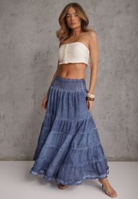 Renee - Niebieska Kaskadowa Bawełniana Spódnica High Waist Stylizowana na Denimową Ealnas. Okazja: na co dzień. Stan: podwyższony. Kolor: niebieski. Materiał: bawełna. Długość: krótkie. Styl: casual #1