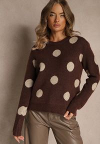 Renee - Brązowy Sweter z Wełną o Prostym Kroju w Grochy Fenilevia. Kolor: brązowy. Materiał: wełna. Długość rękawa: długi rękaw. Długość: długie. Wzór: grochy