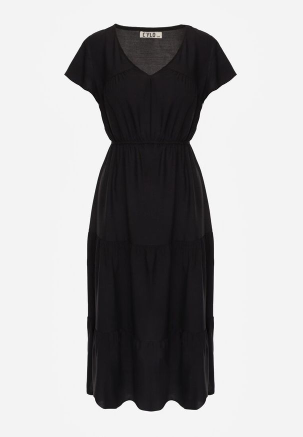 Renee - Czarna Sukienka z Wiskozy Jonmy. Okazja: na co dzień. Typ kołnierza: dekolt w serek. Kolor: czarny. Wzór: gładki, aplikacja. Typ sukienki: proste. Materiał: wiskoza. Długość rękawa: krótki rękaw. Sezon: lato. Styl: casual, elegancki. Długość: midi