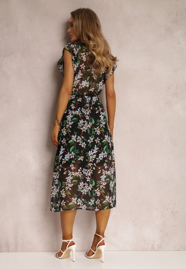 Renee - Czarna Sukienka Vimmy. Kolor: czarny. Materiał: wiskoza, materiał, tkanina, jeans. Długość rękawa: krótki rękaw. Wzór: aplikacja, kwiaty. Styl: klasyczny. Długość: midi