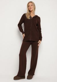 Born2be - Brązowy Komplet Dzianinowy z Wełną Bluza z Kapturem i Szerokie Spodnie Otisela. Kolor: brązowy. Materiał: dzianina, wełna