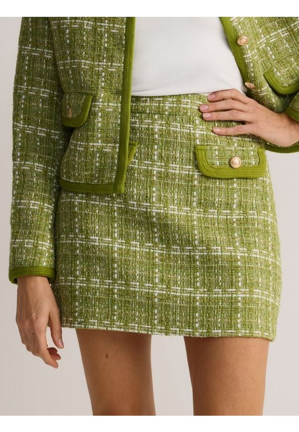Reserved - Tweedowa spódnica mini - zielony. Kolor: zielony. Materiał: tkanina