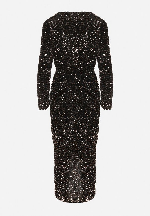 Born2be - Złoto-Czarna Dopasowana Cekinowa Sukienka z Kopertowym Dekoltem i Asymetrycznym Wycięciem Rinnalith. Okazja: na imprezę. Kolor: złoty. Typ sukienki: asymetryczne, kopertowe. Styl: klasyczny, elegancki