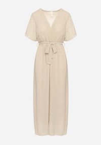 Born2be - Beżowa Brokatowa Sukienka Koktajlowa Ozdobiona Paskiem Ziliane. Okazja: na imprezę. Kolor: beżowy. Wzór: aplikacja. Styl: wizytowy #5