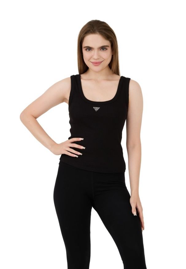 Guess - GUESS Czarny damski top Triangle Bling Rib Tank, Rozmiar S. Kolor: czarny