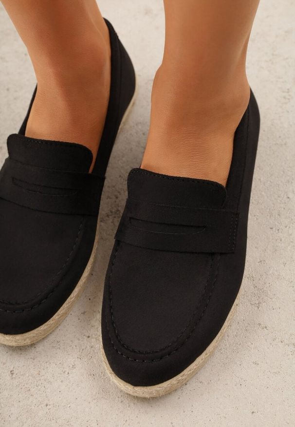 Renee - Czarne Mokasyny z Plecionką w Stylu Boho Galenatea. Okazja: na co dzień, do pracy. Kolor: czarny. Materiał: jeans. Wzór: aplikacja. Sezon: lato. Styl: boho