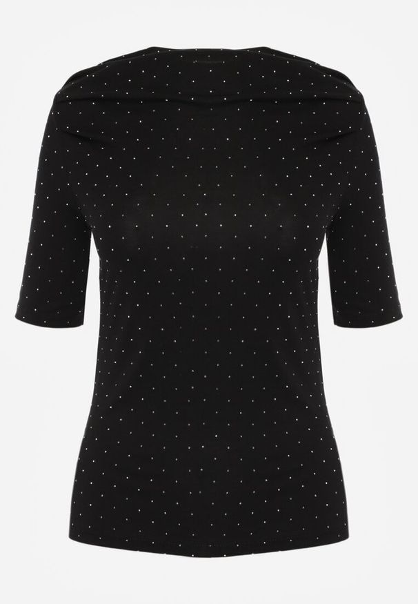 Renee - Czarna Bluzka z Dekoltem Typu Łódka Ozdobiona Cyrkoniami Neaninna. Okazja: na co dzień. Kolor: czarny. Materiał: jeans, poliester. Wzór: aplikacja. Styl: elegancki, casual