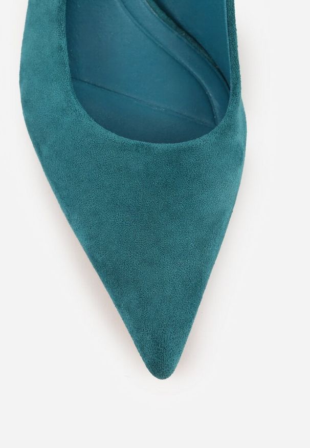 Renee - Zielone Czółenka Slingback VICES na Kaczuszce Anatera. Okazja: na co dzień. Zapięcie: bez zapięcia. Kolor: niebieski. Materiał: jeans, zamsz. Obcas: na szpilce. Styl: elegancki, casual. Wysokość obcasa: średni