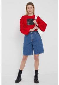 Armani Exchange sweter damski kolor czerwony. Kolor: czerwony. Materiał: dzianina. Długość rękawa: długi rękaw. Długość: długie
