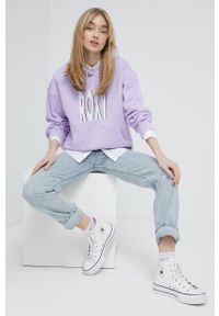 Roxy bluza damska kolor fioletowy z kapturem z nadrukiem. Typ kołnierza: kaptur. Kolor: fioletowy. Długość rękawa: długi rękaw. Długość: długie. Wzór: nadruk #1