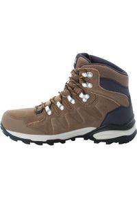 Buty trekkingowe damskie Jack Wolfskin Refugio Texapore Mid. Wysokość cholewki: za kostkę. Zapięcie: sznurówki. Kolor: brązowy. Materiał: materiał, skóra. Szerokość cholewki: normalna
