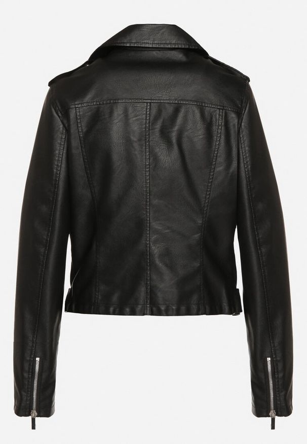 Born2be - Czarna Kurtka Ramoneska z Asymetrycznym Suwakiem i Regulowanym Paskiem Bralissa. Okazja: na co dzień. Kolor: czarny. Materiał: jeans. Styl: elegancki, casual, rockowy