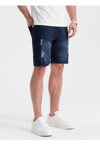 Ombre Clothing - Krótkie spodenki męskie jeansowe z dziurami – ciemnoniebieskie V3. Okazja: na co dzień. Kolor: niebieski. Materiał: jeans. Długość: krótkie. Wzór: aplikacja. Styl: klasyczny, casual #8
