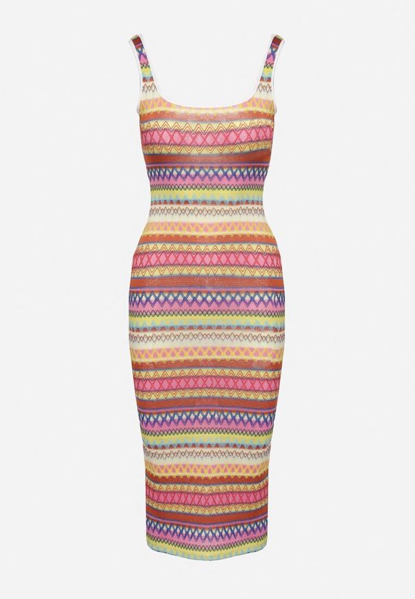 Born2be - Różowo-Pomarańczowa Dopasowana Sukienka Midi na Ramiączkach z Elastycznej Dzianiny Dempnia. Kolor: różowy. Materiał: dzianina. Długość rękawa: na ramiączkach. Długość: midi