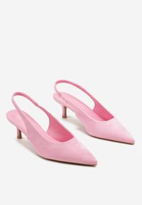 Renee - Różowe Czółenka Slingback na Obcasie Kaczuszka z Noskiem w Szpic Tulabis. Okazja: na co dzień. Zapięcie: pasek. Kolor: różowy. Materiał: jeans. Obcas: na obcasie. Styl: casual, elegancki. Wysokość obcasa: średni