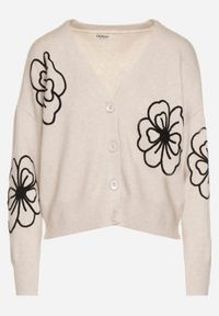 Born2be - Beżowy Kardigan na Guziki w Haftowane Kwiaty Tustara. Okazja: na co dzień. Kolor: beżowy. Materiał: jeans. Wzór: kwiaty, haft. Styl: casual #3