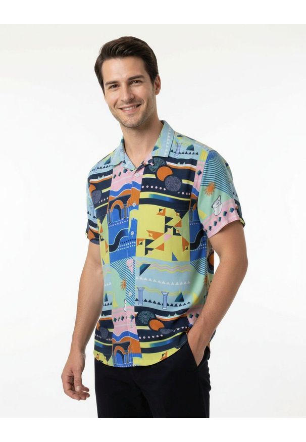 Oryginalna Męska Koszula Weekendowa - Brave Soul - Wakacyjny, Kolorowy Wzór. Okazja: na co dzień. Kolor: wielokolorowy. Materiał: wiskoza. Wzór: kolorowy. Sezon: lato. Styl: wakacyjny