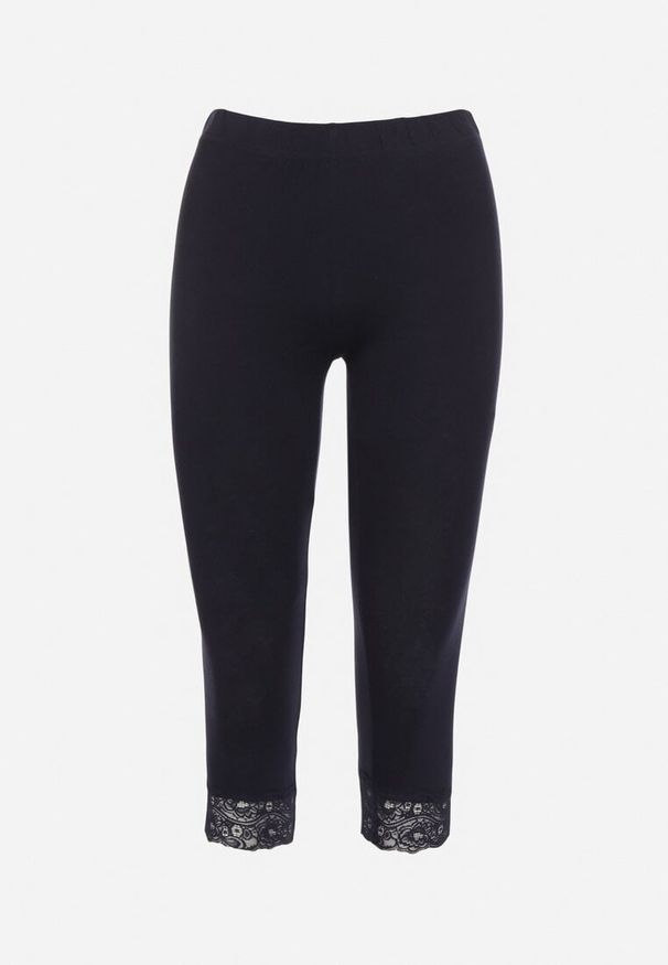 Born2be - Granatowe Legginsy Bawełniane z Elastyczną Gumką i Koronką na Nogawkach Efrine. Okazja: na co dzień, na spacer. Kolor: niebieski. Materiał: bawełna, koronka. Wzór: koronka. Sezon: lato. Styl: casual