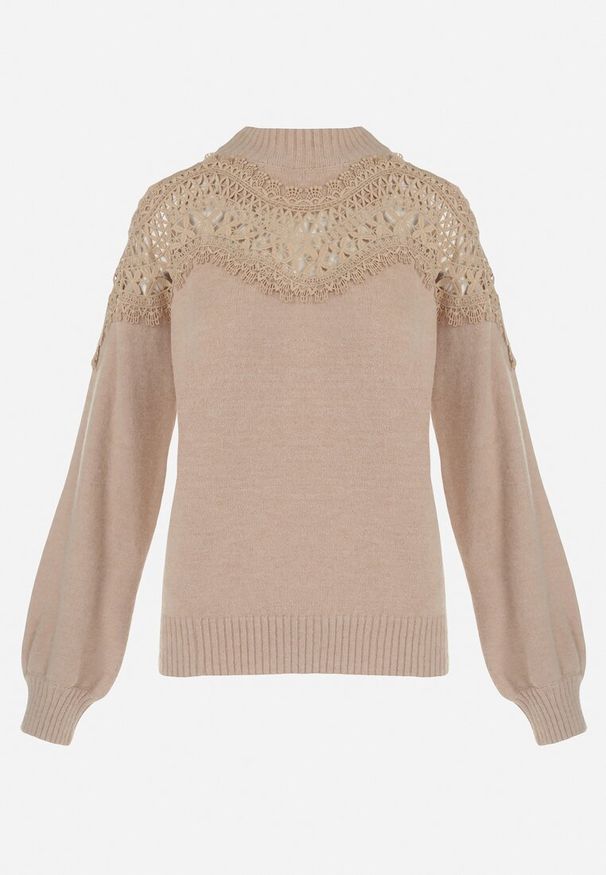 Born2be - Beżowy Sweter Dzianinowy z Koronką Amaleth. Kolor: beżowy. Materiał: koronka, dzianina. Długość: długie. Wzór: koronka