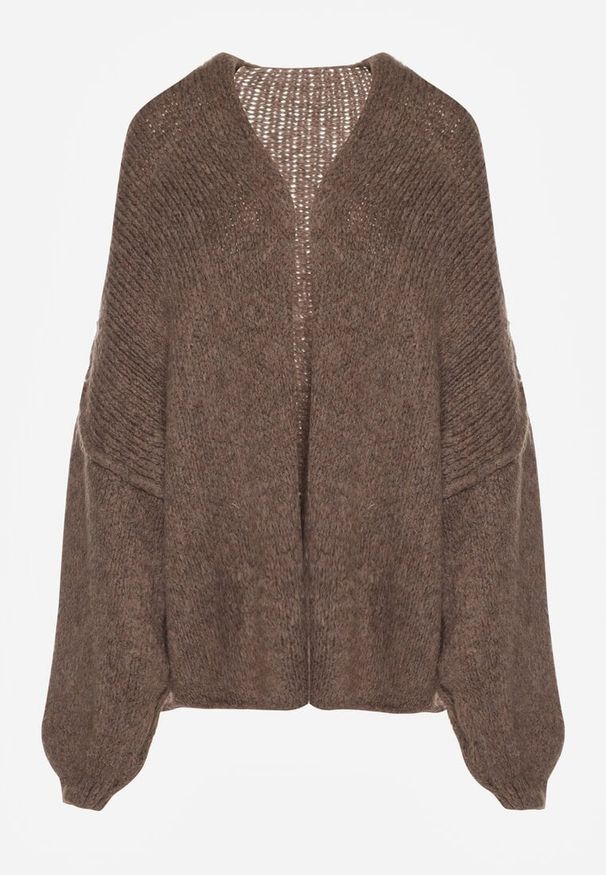 Renee - Jasnobrązowy Niezapinany Kardigan Nietoperzowy z Dodatkiem Wełny i Wiskozy Rallidia. Kolor: brązowy. Materiał: wełna, wiskoza. Wzór: gładki